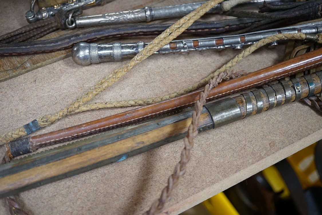 Sx 19th/20th century Ottoman or European white metal or base metal mounted riding crops, longest 48cm, and a dagger
